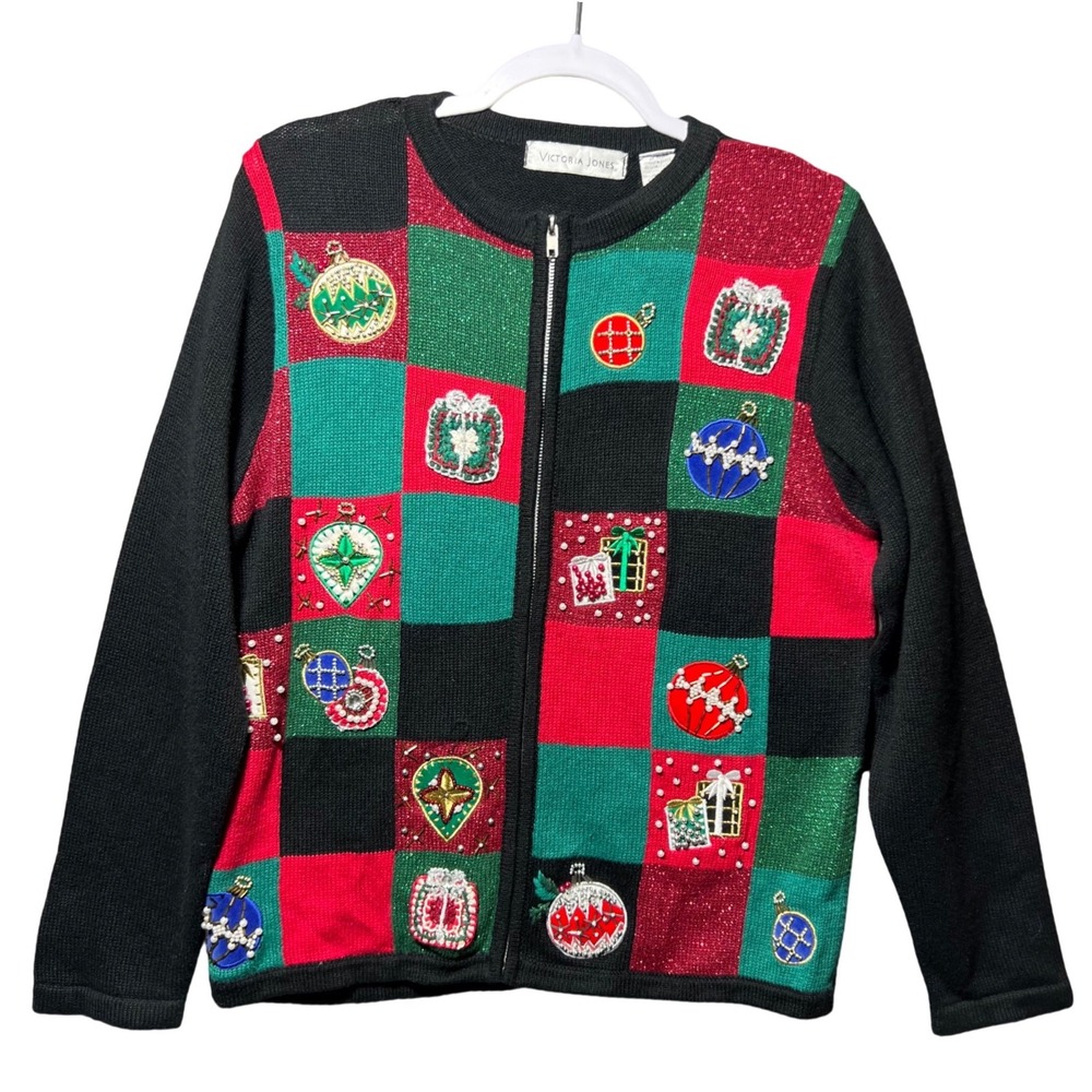 Victoria Jones Vintage‎ Christmas Cardigan Sweater Zip Front Beaded Small